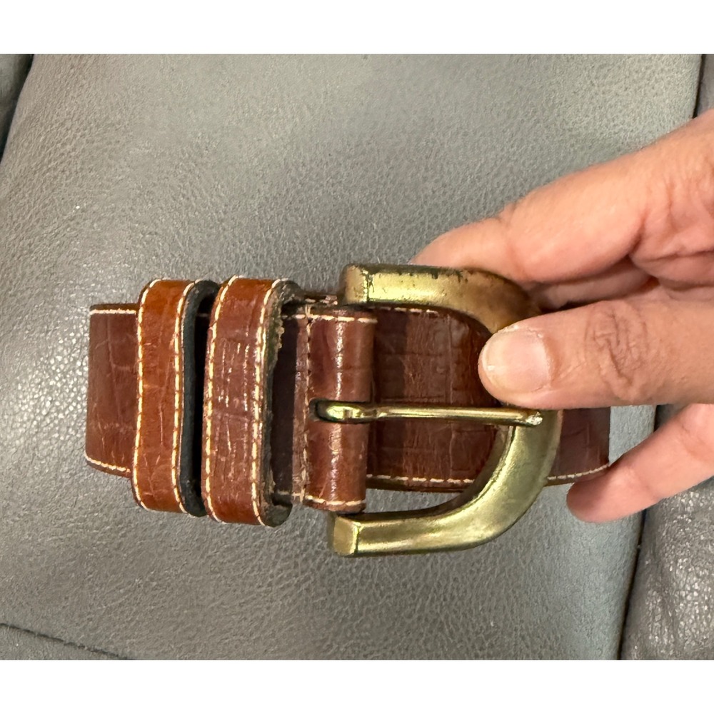 Brown Embossed‎ Leather Belt Gold Buckle Made in Uruguay Mens Womens